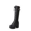 Lace Up Knee High Boots Women's Fashion White Round Toe Square Heel Knight Boots Winter Platform PU Women Shoes Large Size 42 43