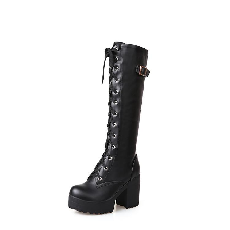 Lace Up Knee High Boots Women's Fashion White Round Toe Square Heel Knight Boots Winter Platform PU Women Shoes Large Size 42 43