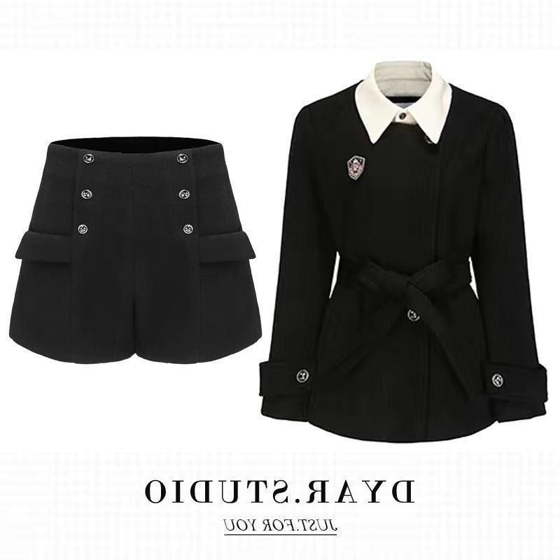Petite Waist-Cinching College Style Two-Piece Black Suit Jacket Set for Autumn/Winter