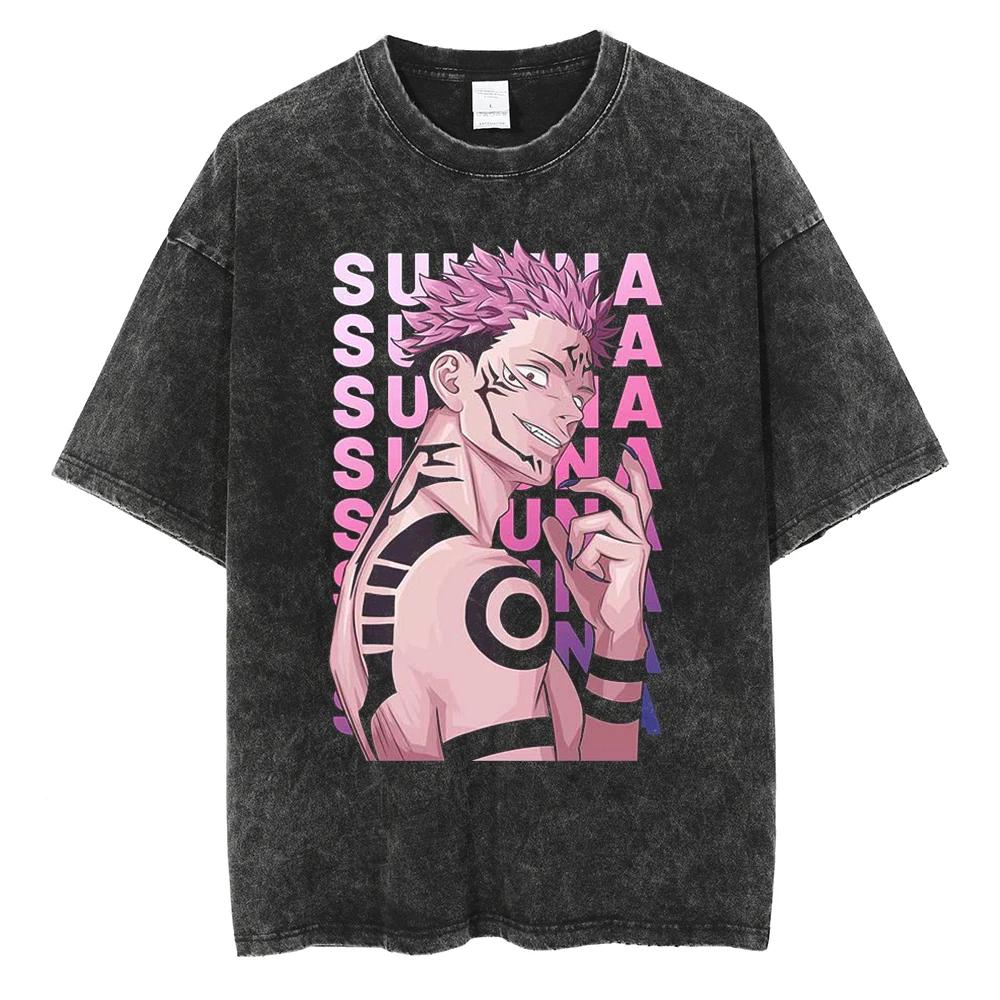 Anime Jujutsu Kaisen Ryomen Sukuna Washed T-Shirt Vintage Cotton Men's Streetwear Oversized Women Short Sleeves