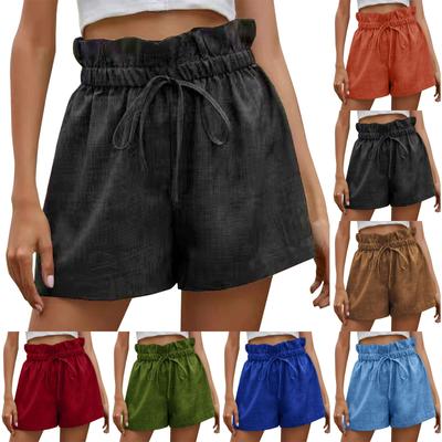 Women's Colour Casual Comfortable Shorts Summer High Waist Tie Ruffle Loose Wide Leg Pants