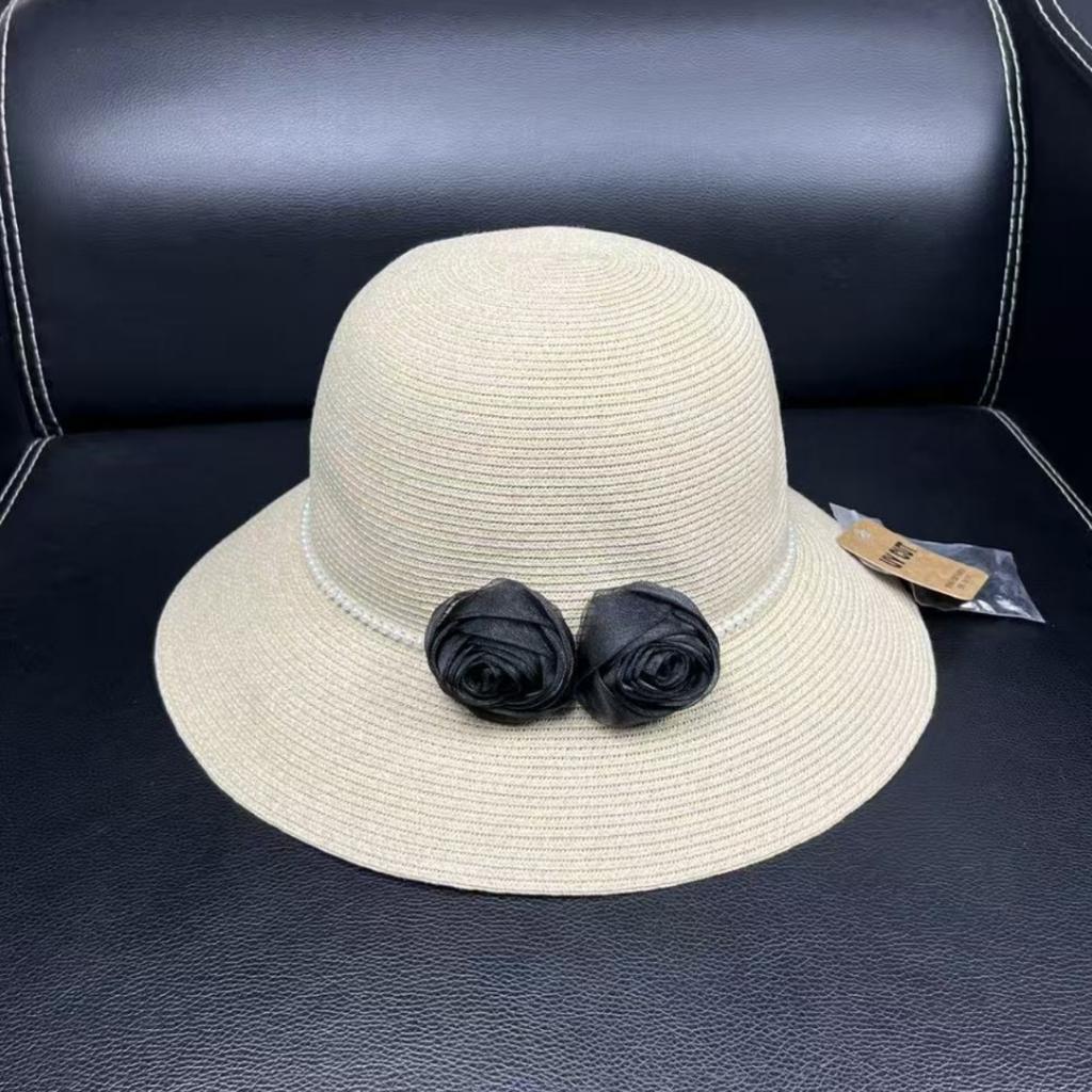 Fine grass French spring and summer 2026 new old money wind pearl flower dome straw hat sunshade sunscreen big brim basin hat