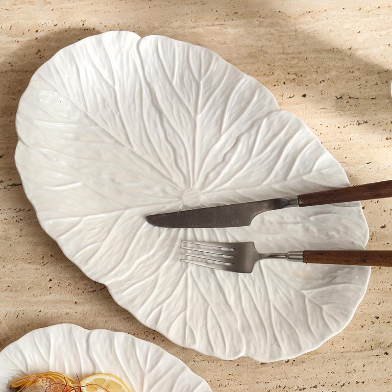 European Embossed Oval Ceramic Plate Fish Dish Salad Plate Floral Rim Home Restaurant Tableware