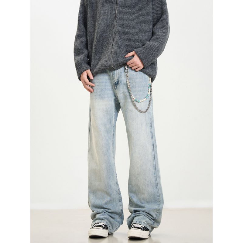 Kisko American High Street Washed Commuter Blue Flared Jeans Unisex Versatile Straight-Leg Cleanfit Pants