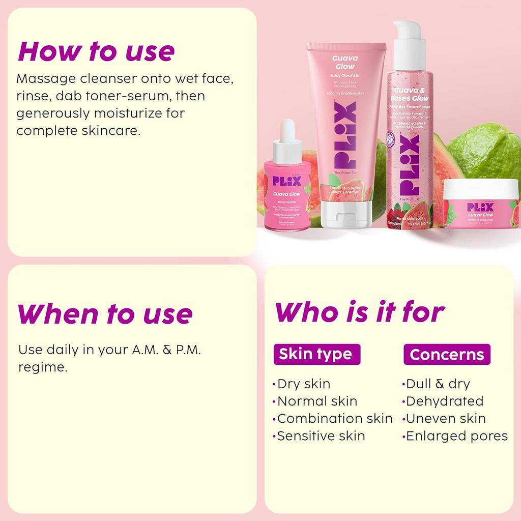 Regime Illuminante Pelle Guava e Rose Plix con Detergente, Tonico Siero, Siero alla Vitamina C, Set Idratante per Uomo Donna