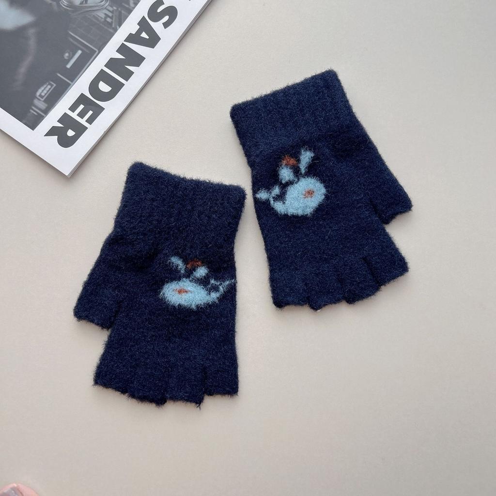 Winter warm thickened half-finger gloves Japanese cute cartoon whale picture velvet touch screen knitted wool gloves