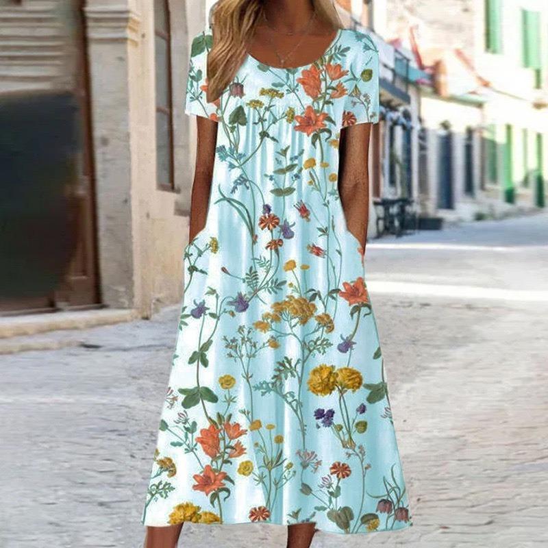 New Fashion Floral Plus Size Women Summer Dress Short Sleeve Printed O Neck  Loose Casual Dresses Women Vintage Elegant A Line Pockets Long Dress 26356   buy the best products in the