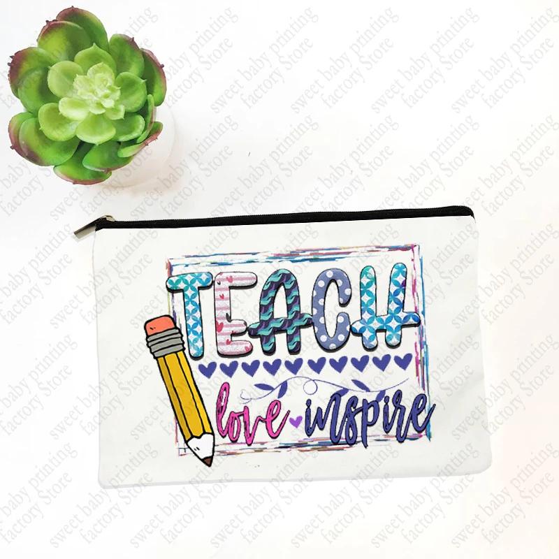 Teach Love Inspire Teacher Makeup Cosmetic Bags  Back To School Gift Beauty Cases Pencil Pouch Organizer Storage Box Mini Purse