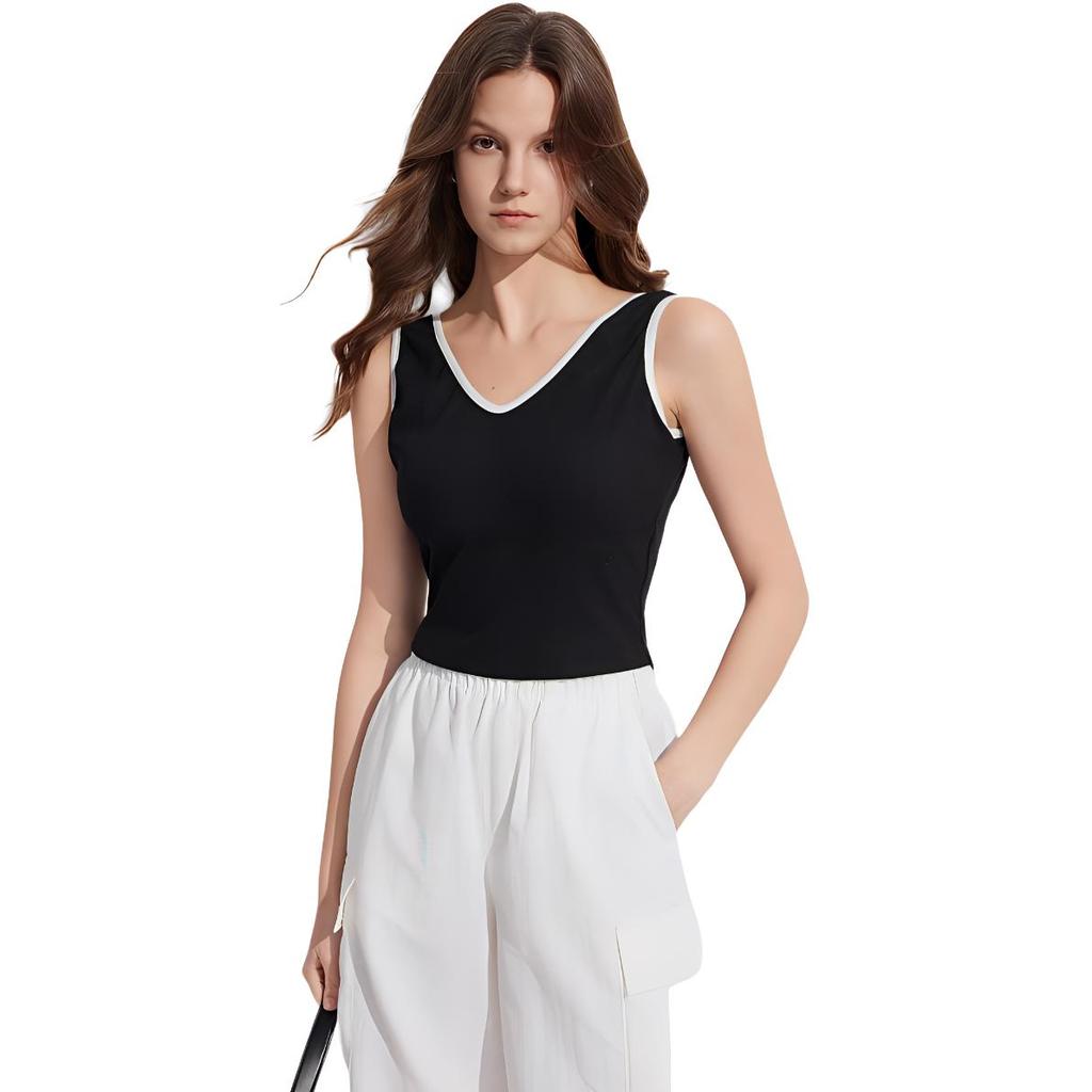 ELLE French Black And White Color Block V-Neck Sleeveless Top Summer Slim Fit Camisole Women tops EE48388