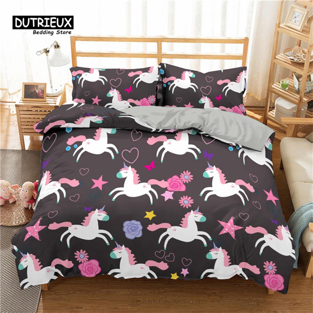 Girls Unicorn Flower Duvet Cover Cartoon Bedding Set Microfiber 3D Print Comforter Cover King Full For Kids Teen Bedroom Decor