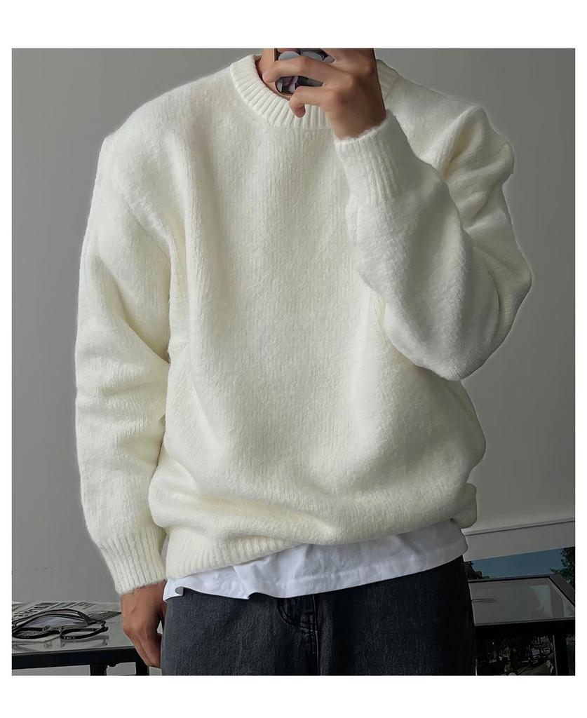 Men's Solid Color Round Neck Knit Sweater - Warm, Thick, and Versatile for Spring and Autumn