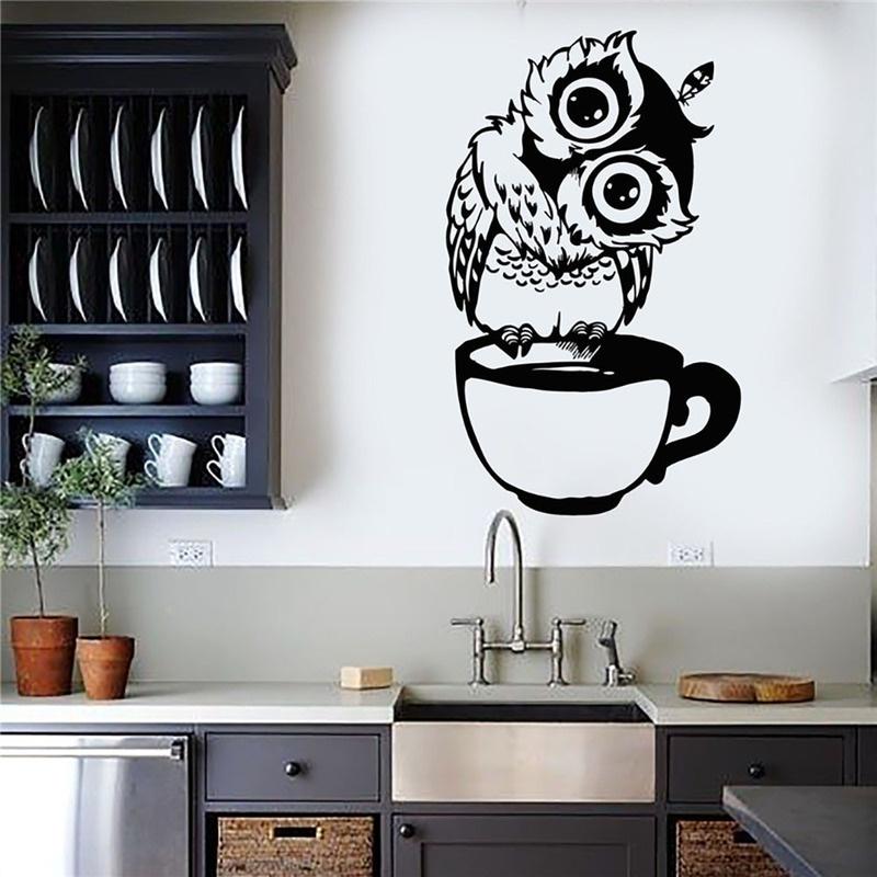 Cute Cartoon Owl On Mug Wall Stickers Coffee Decorative Decal for Kitchen Dining Room Vinyl Stickers for Coffee Bar Home Decor