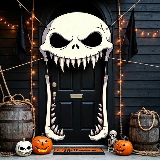 Front Door Background Decor Halloween Giant Skull Banner, Spooky Skeleton Porch Hanging Creative Scary Entrance Banners for Yard, Outdoor Party