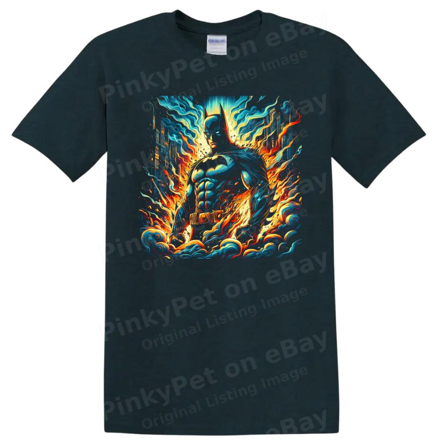 Batman Superhero T Shirt w/ Neon Fire Cityscape Comic Art Graphic Design Tee