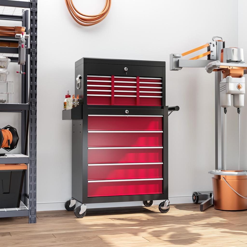 14 Drawer, Two-Part Tool Storage Chest On Wheels - Red