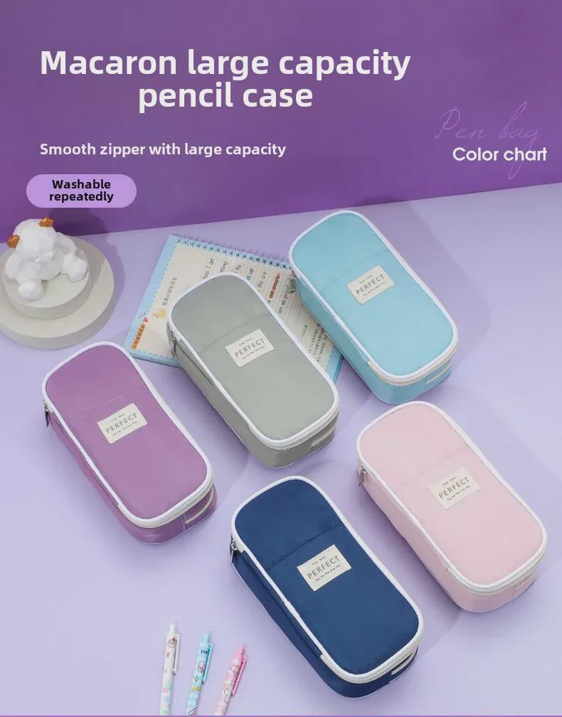 Double-Layer Macaron Composite Cloth Pencil Case with Large Capacity - Japanese & Korean Style, Multifunctional for Students