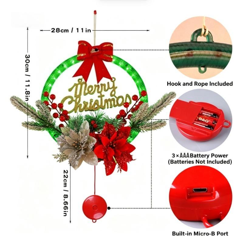 LED Lighted Christmas Wreath Decor, Festive Hanging Ornament for Window Display, Party Atmosphere Decoration Props