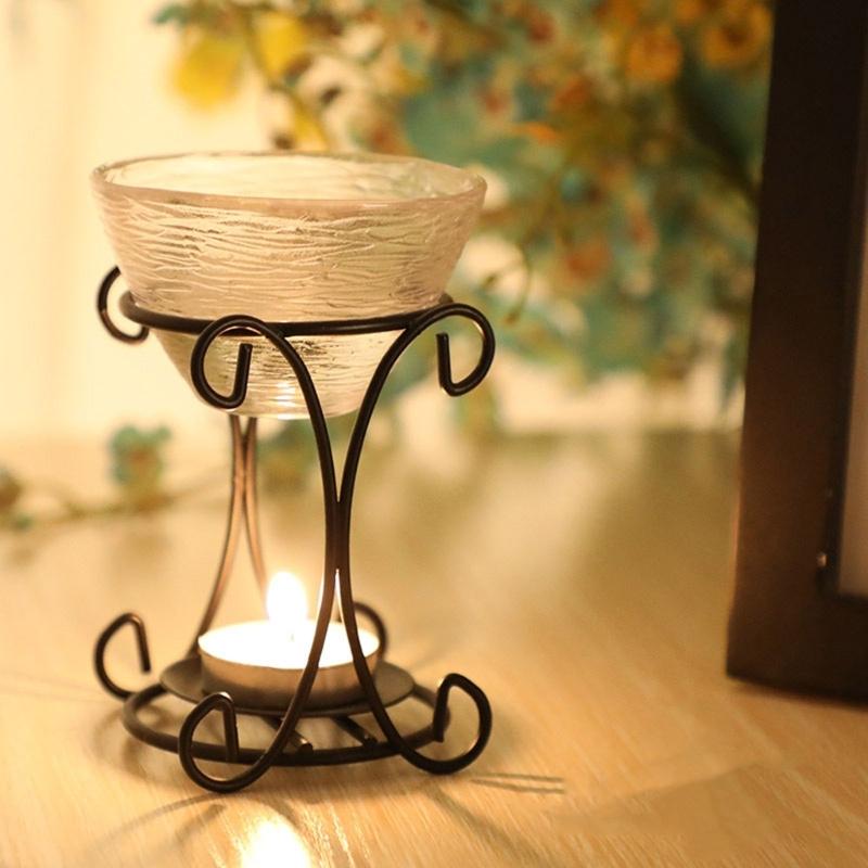 Elegant Scent Burners Essential Oil Diffuser With Crystal Glass Dish and Iron Stand Candle Melter For Home Decoration