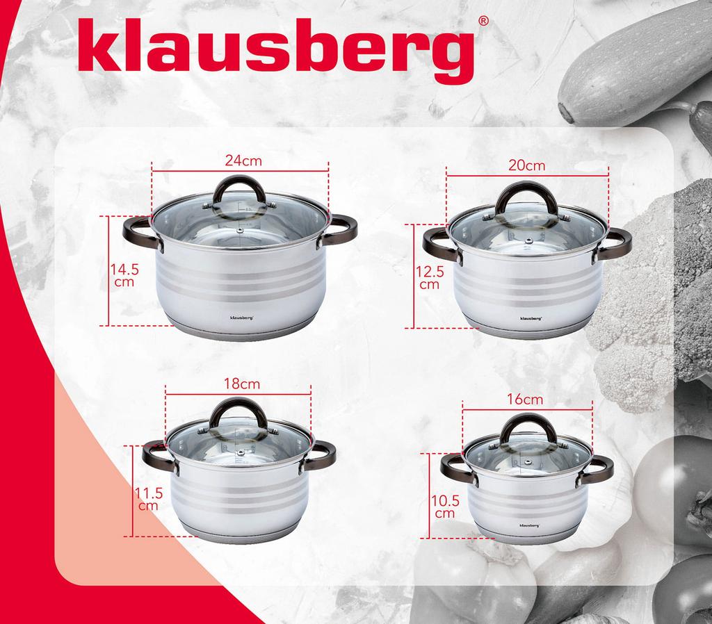 Zestaw garnków stalowych 8 ele. 2.1/2.9/3.9/6.6L KLAUSBERG KB-7701