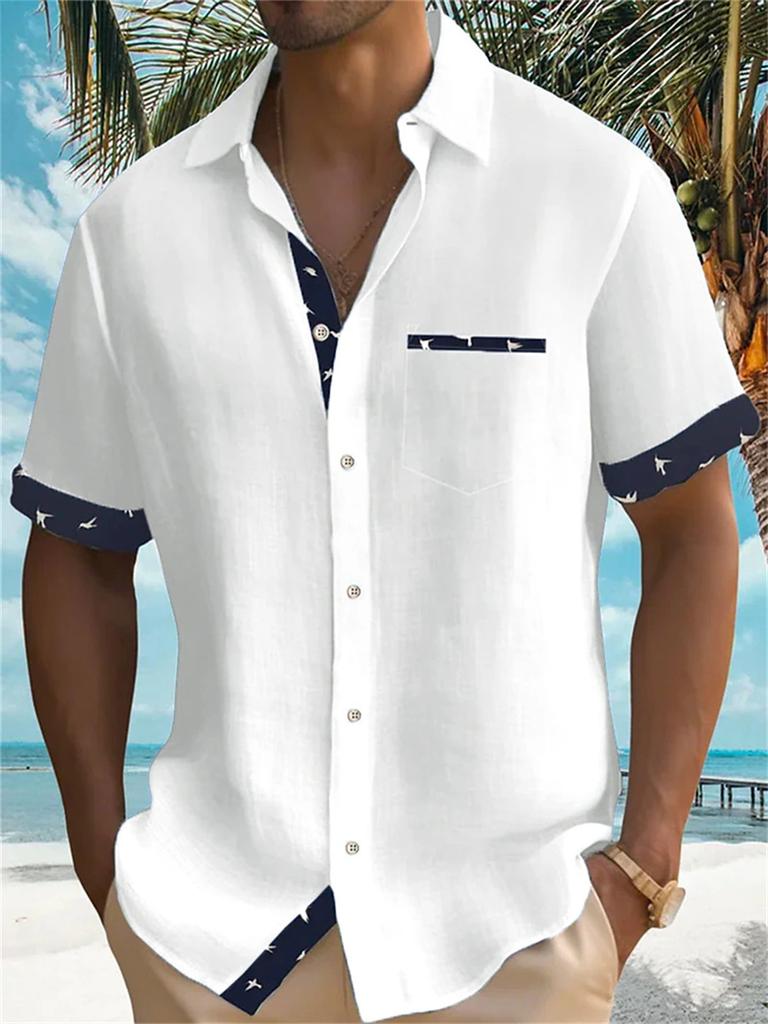 Summer New Men's Aloha Shirt Casual Fashion Street High Quality Short Sleeve Beach Holiday Party Men's Pocket Solid Shirt