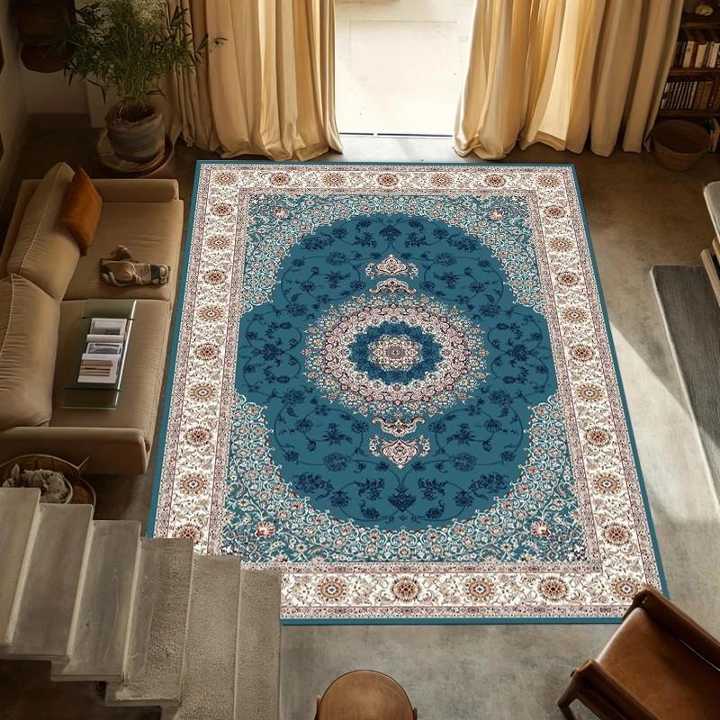 Non-slip Vintage Persian Navy Blue Floral Rug, Washable for Living Room Bedroom Decor
