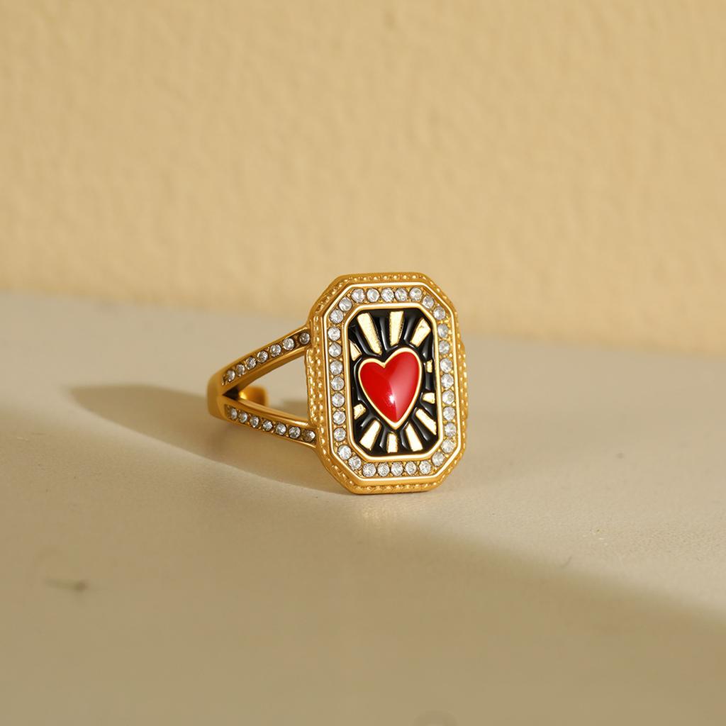 Vintage Rektangel Hjärta Måne Stjärna Emalj Ring för Kvinnor Rostfritt Stål Zirkon 18K Guldpläterad Fingerring Smycke Festgåva