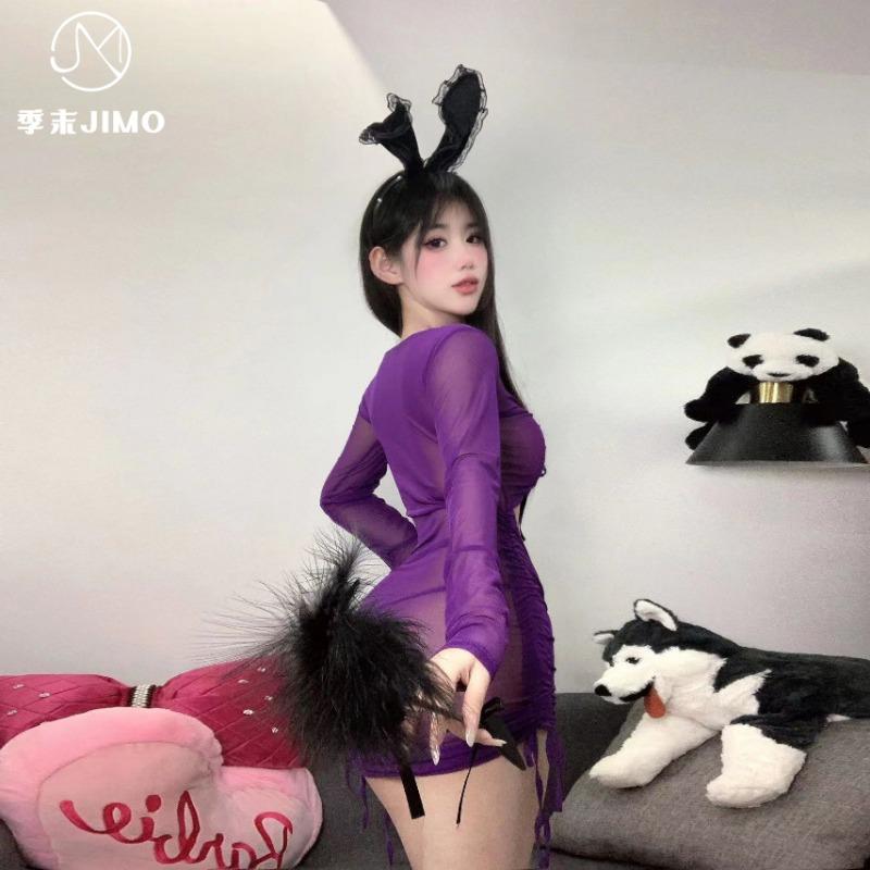 Sex underwear purple enchantress sexy perspective mesh yarn drawstring pleated hip wrap shoulder dress seduction suit