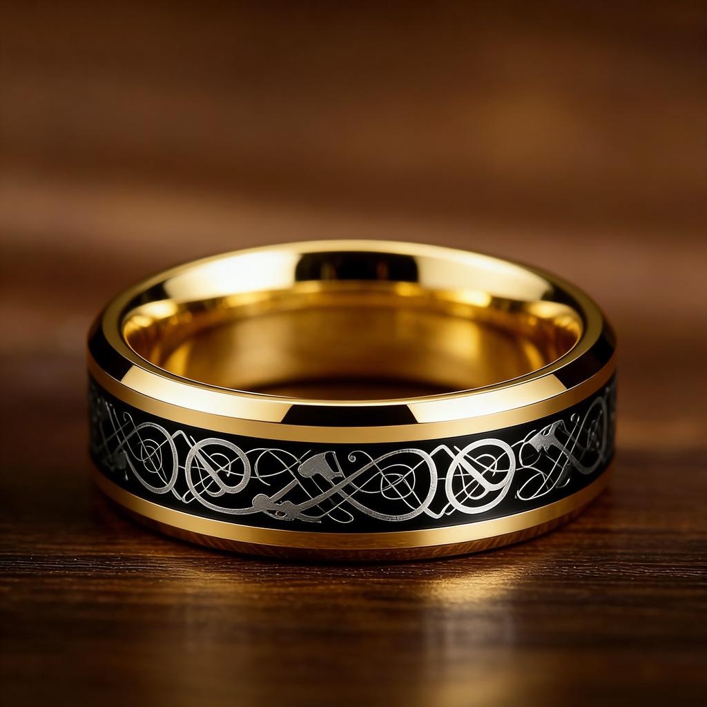 Celtic Black Carbon Fiber Rings,  Gold Color Men Stainless Steel Dragon Rings, Men Wedding Band Jewelry