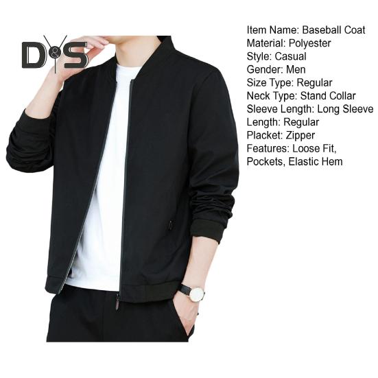 Men Baseball Coat Stand Collar Long Sleeve Zipper Placket Casual Outwear with Pockets Loose Fit Work Gym Jacket