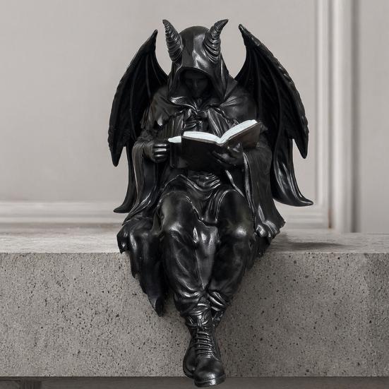 Yousheng Halloween Reading Book Skeleton Figurine, Spooky Reading Devil Resin Sculpture, Gothic Black Robe Grim Reaper Statue for Home