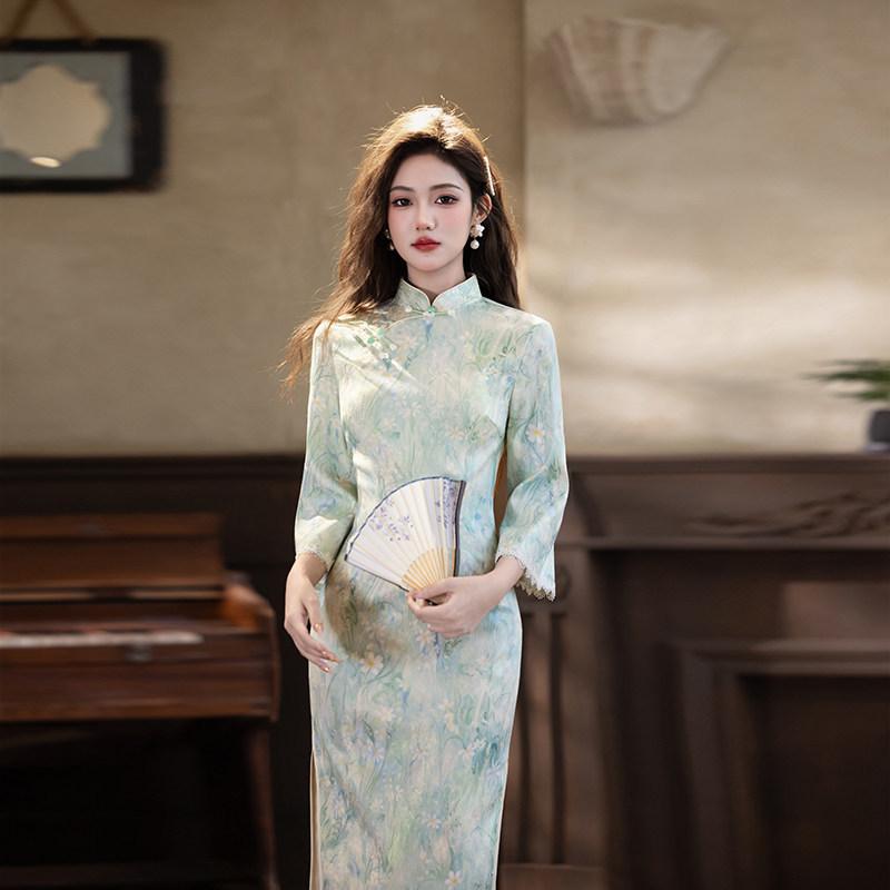 Stile nazionale verde nuovo cinese Suzhou manica lunga autunno cheongsam migliorato giovane 1011 nuovo da donna sensazione di alta gamma primavera e autunno