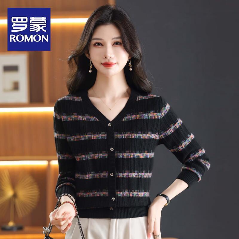 ROMON Women's V-Neck Striped Knit Cardigan