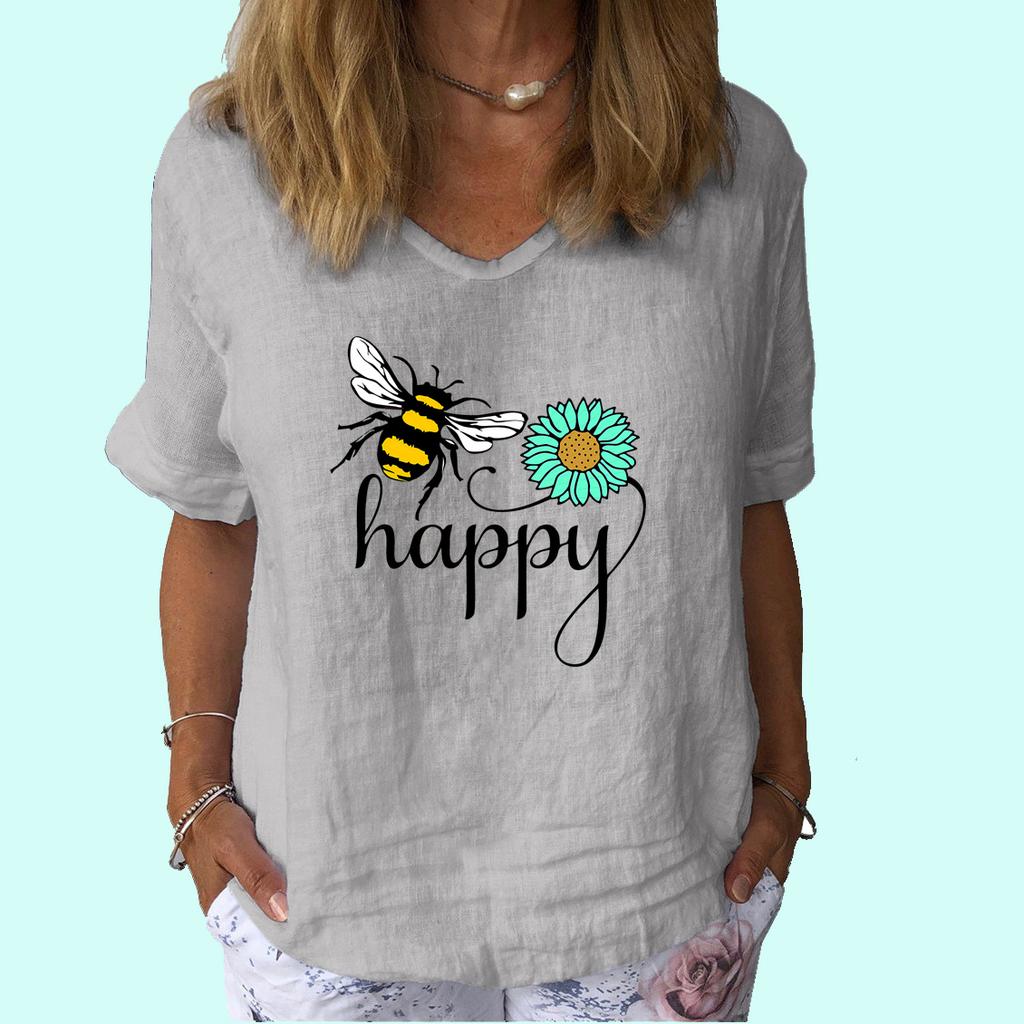 Women Fashion V Neck Short Sleeve Top Summer Casual Cotton Linen Shirt Ladies Print T-shirt