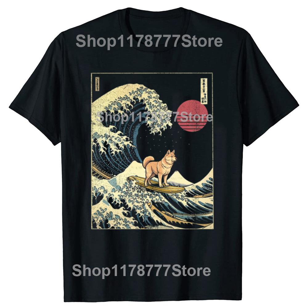 Lustige Shiba Inu Japanische Surfwelle Grafik T-Shirts Herren Baumwolle Humor Streetwear T-Shirt Kurzarm Unisex Lockere Kleidung 4XL