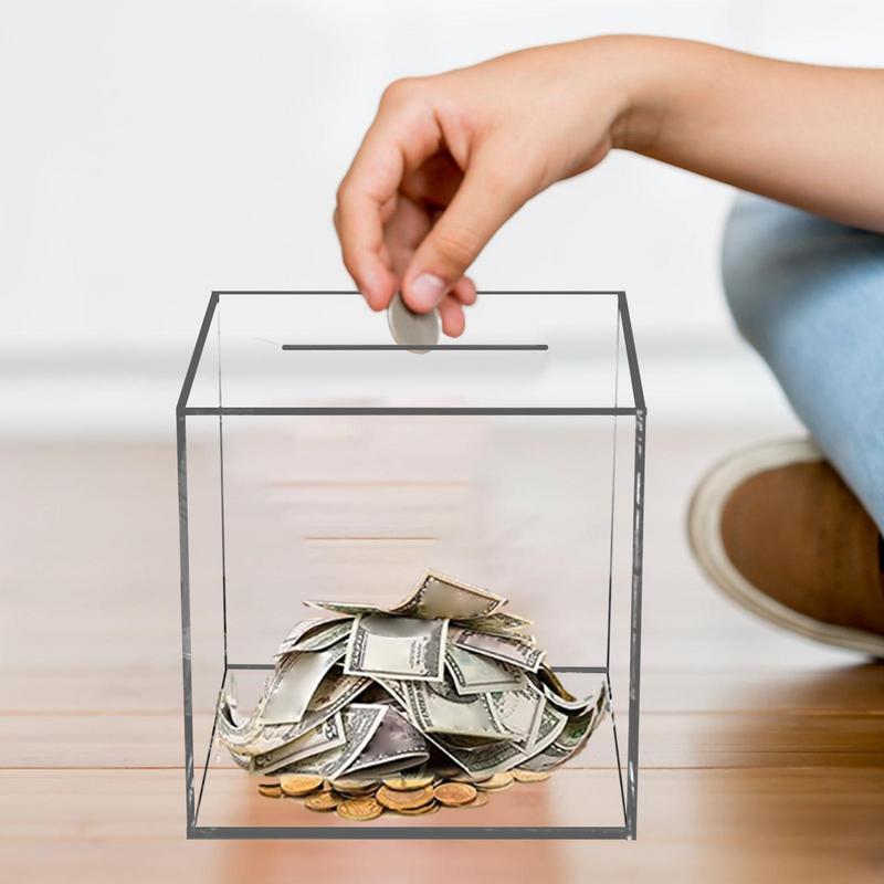 Transparent Acrylic Piggy Bank Compact Saving Pot Coin Jar Daily Use Container Money Supply Change Box 12x12x12cm