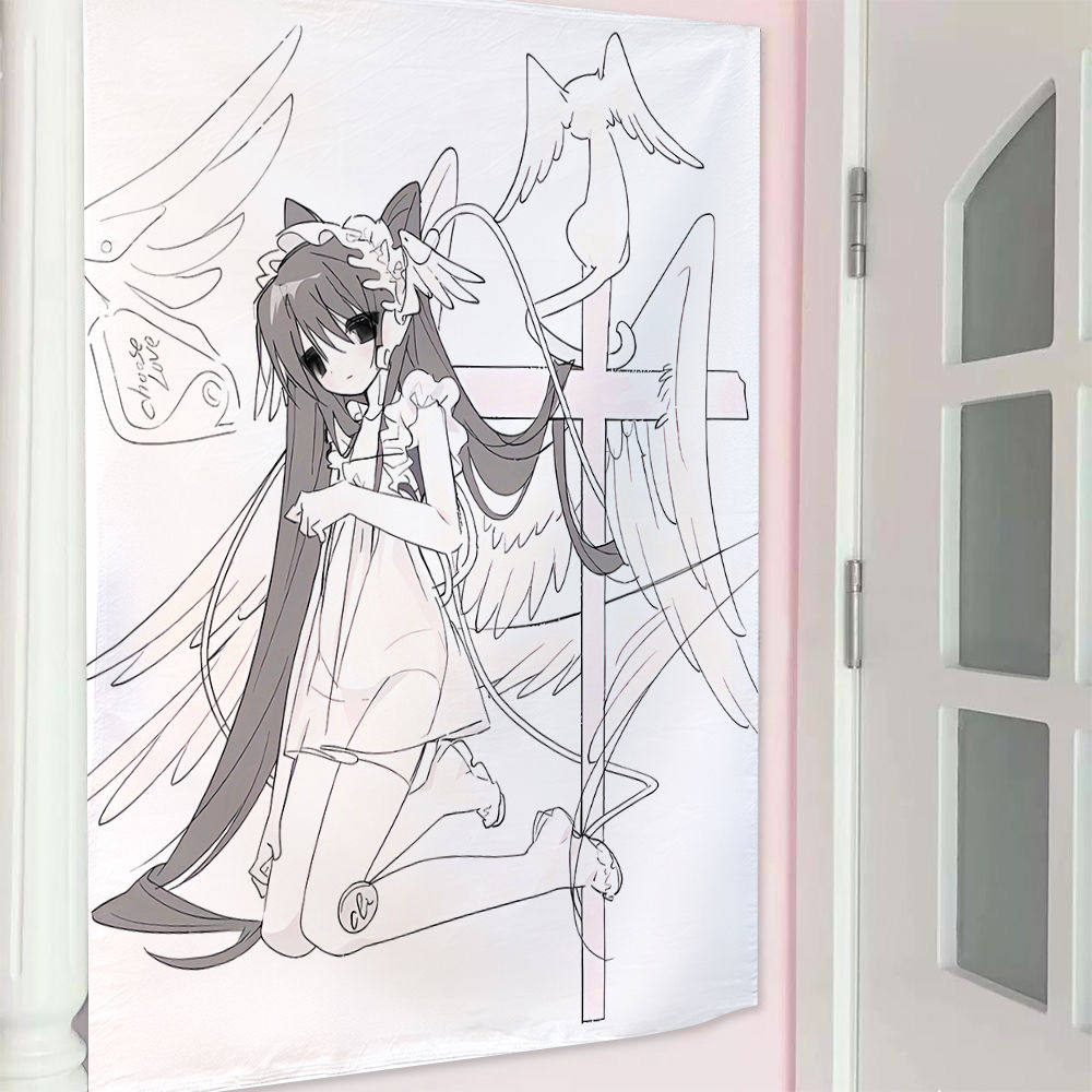 Japanese Sweet Angel Tapestry Line Art Anime Girl Illustration Wall Hanging for Bedroom Girls Room Dorm Decor