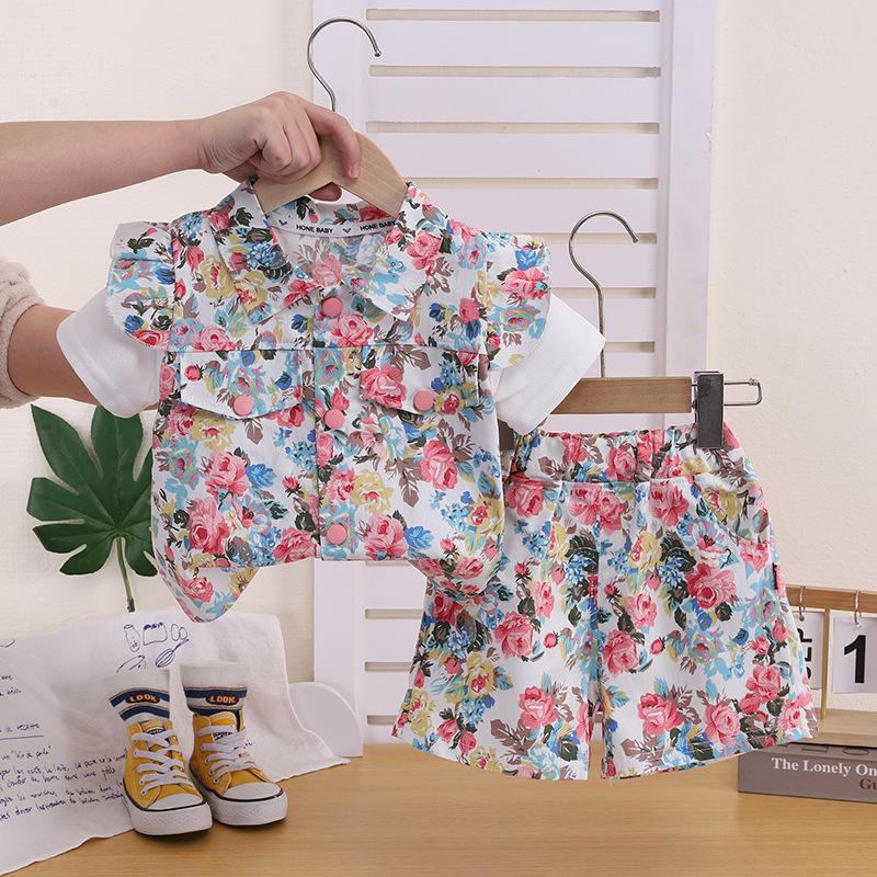 Girls Summer Korean Floral Fake Two Piece Short Sleeve Top And Shorts Set Baby Trendy Two Piece Outfit 80 белый