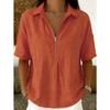 Womens Solid Color Turn Down Collar Half Zip Short Sleeve Casual Blouse