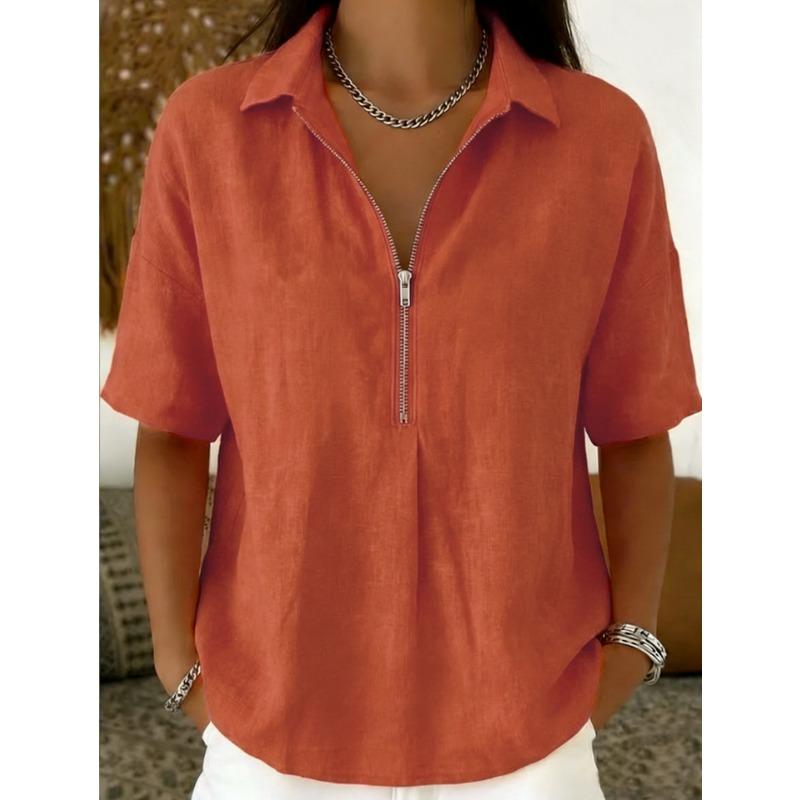 Womens Solid Color Turn Down Collar Half Zip Short Sleeve Casual Blouse