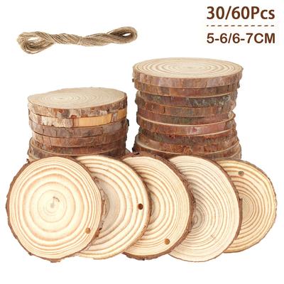 30/60Pcs Natural Unfinished Wood Slices Círculos de madeira redondos para artes Pintura DIY Artesanato Decorações de casamento Enfeite de Natal