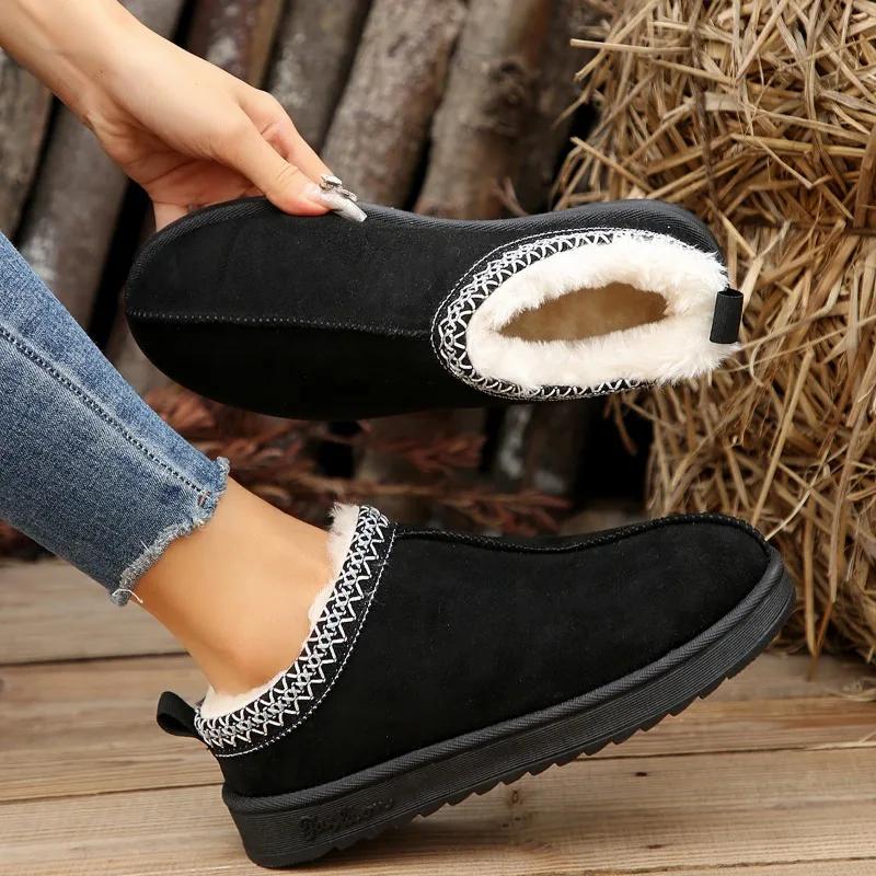 

Cow Suede Ankle Snow Boots 2024 Brand Flat with Ladies Shoes Winter Short Plush Slip-On Round Toe Low Heel Solid Women s Boots