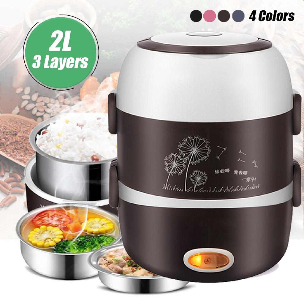 220V 3 Layers Electric Rice Cooker 2L Stainless Steel Steamer Warmer Container Heating Lunch Box New