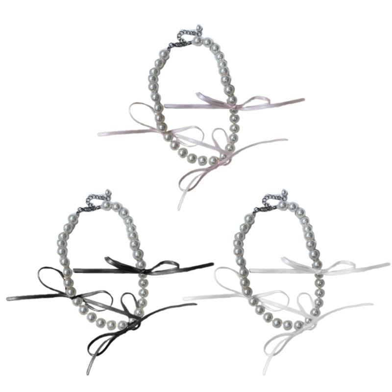 Fashion Elegant Ribbon Bowknot Short Necklace Pearl Clavicle Chain Choker Necklace Statement Jewelry Neck Chain