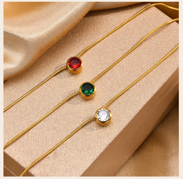 Birthstone Necklace Sliding Cubic Zirconia Pendant For Women,18k Gold Plated Stainless Steel Adjustable Jewelry