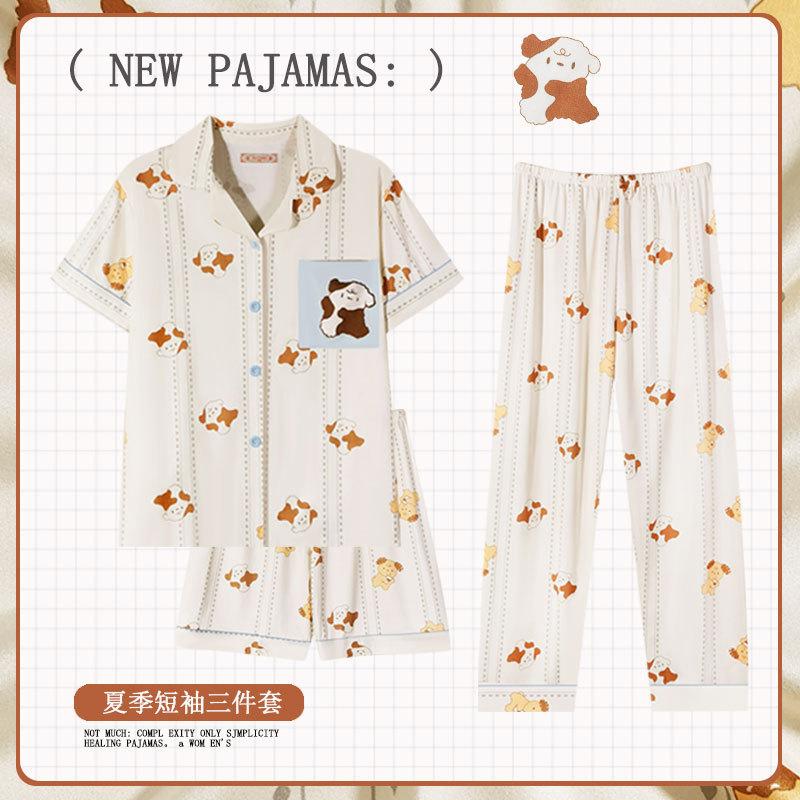 Soft Waxy Rabbit Pajamas Women's Japanese Milk Gentle and Cute Cartoon Girly Casual Short-sleeved Loungewear Three-piece Set