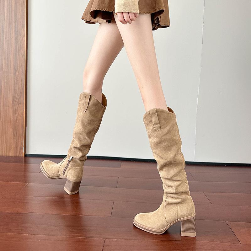 Boots for Women High Top Western Cowboy Boots with Soft Soles High-heeled V-neck Long Boots for Women