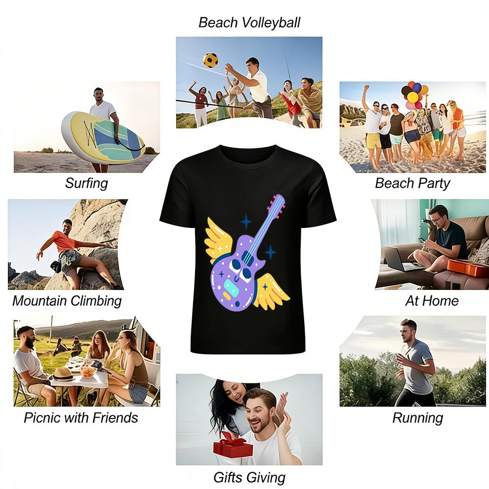 Cute Angel Wing Electric Guitar Print Top Unisex Street Style Loose Crew Neck T-Shirt Pure Cotton T-shirt