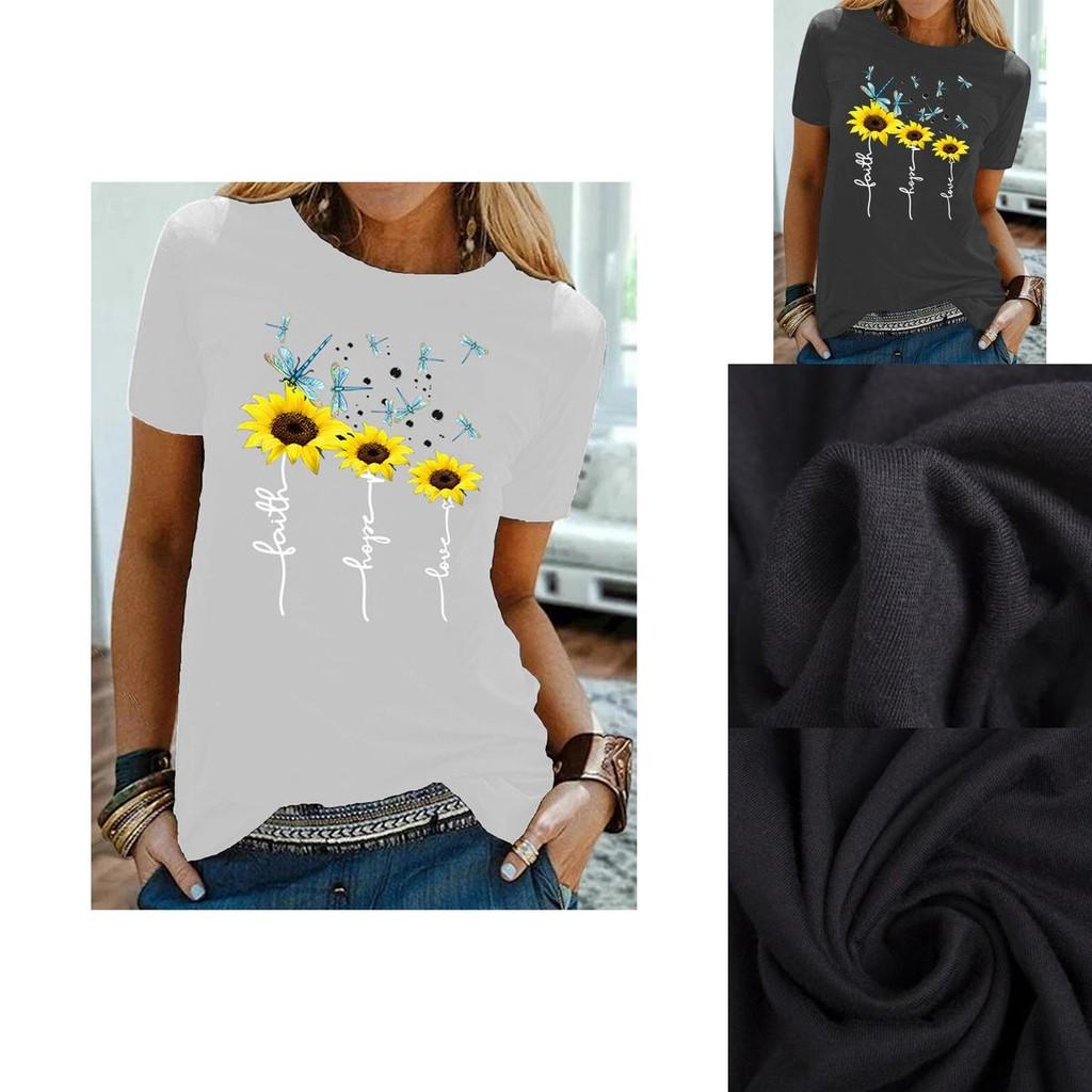 Stylish Women Floral Daisy Printed Basic T-shirt Versatile Short Sleeve Blouse For Casual Wear