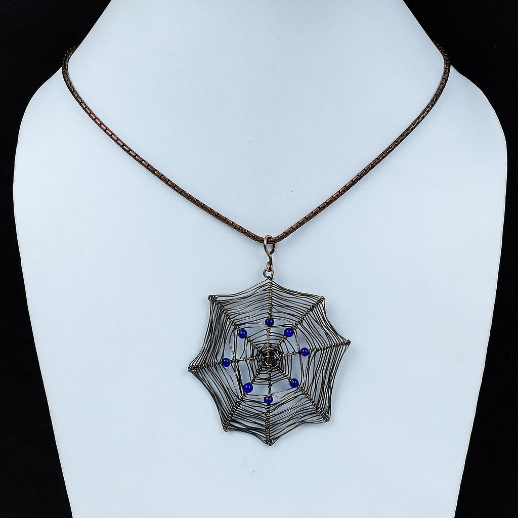 Spider Web Shaped Blue Topaz Gemstone Pure Copper Wire Wrapped Handmade Pendant Jewelry