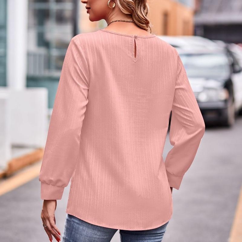 2023 Autumn  Fashion Solid Color Jacquard T-shirts Women Long Sleeve Tops Round Collar Tees Casual Loose Clothes Tshirt 28286